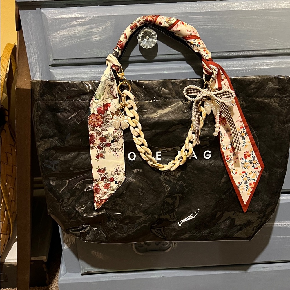 Floral Accent Black Tote Bag